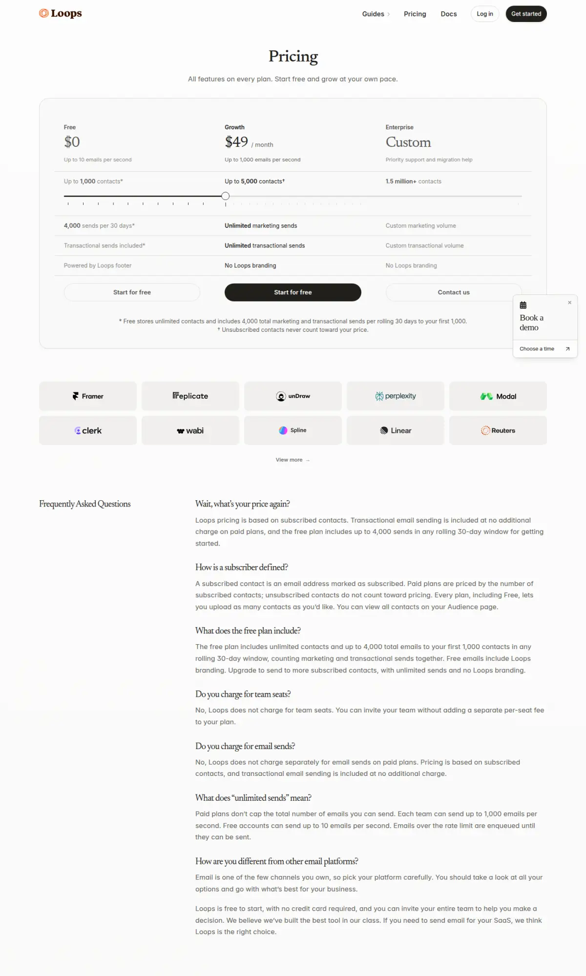 Loops pricing page, the page as you scroll