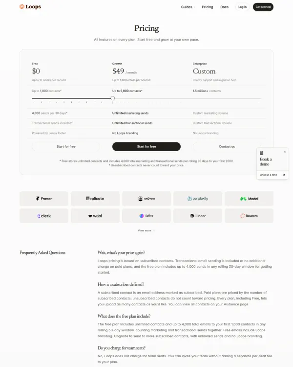 Loops pricing page, design by Loops