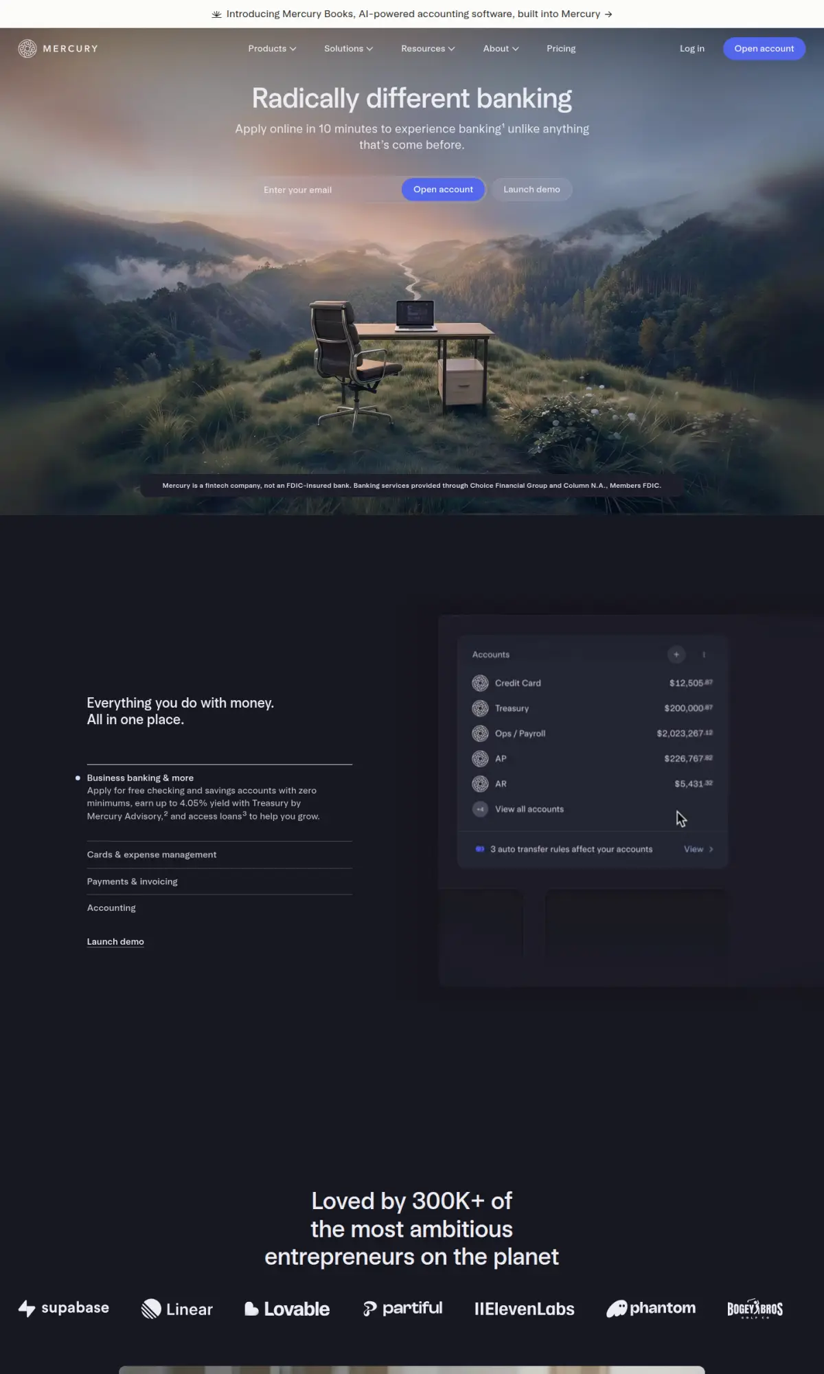 Mercury homepage, the page as you scroll