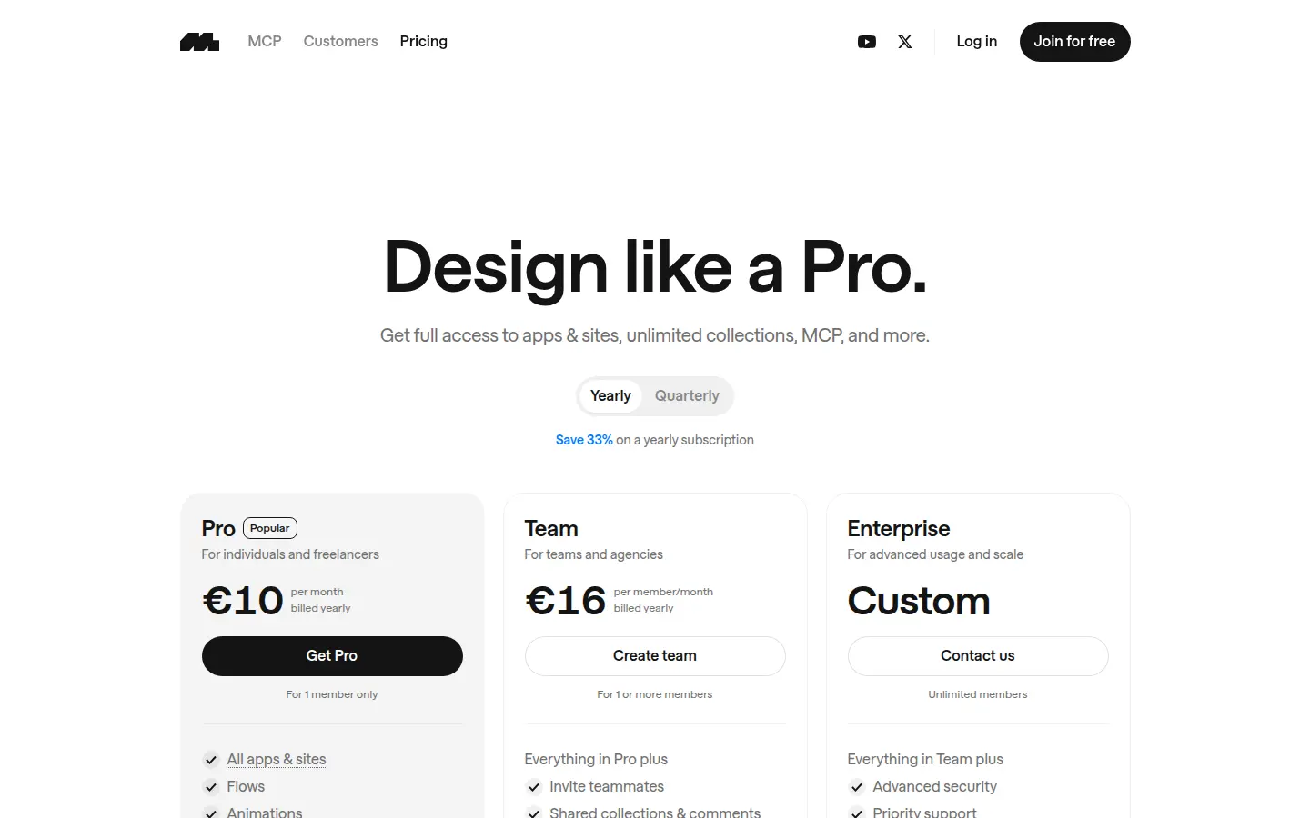 Mobbin pricing page, first screen, design by Mobbin