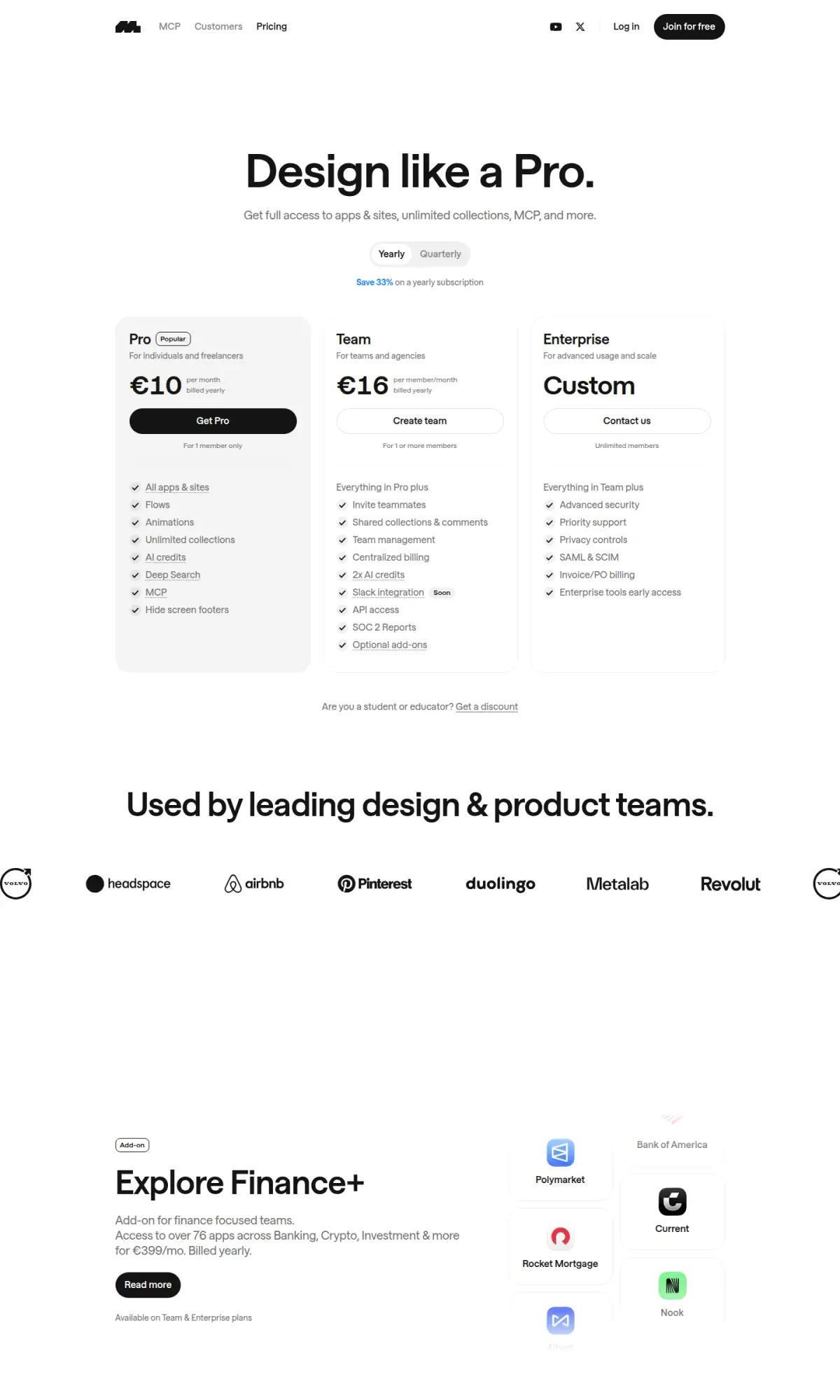 Mobbin pricing page, the page as you scroll