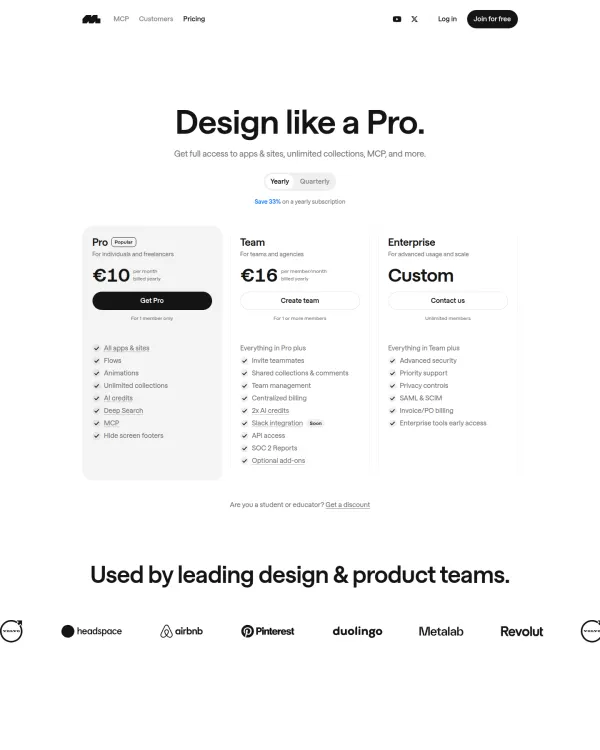 Mobbin pricing page, design by Mobbin