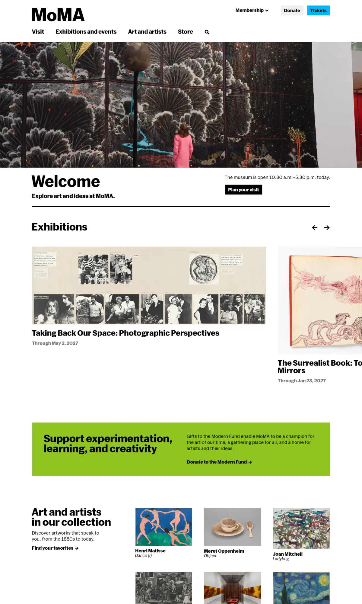 MoMA homepage, the page as you scroll