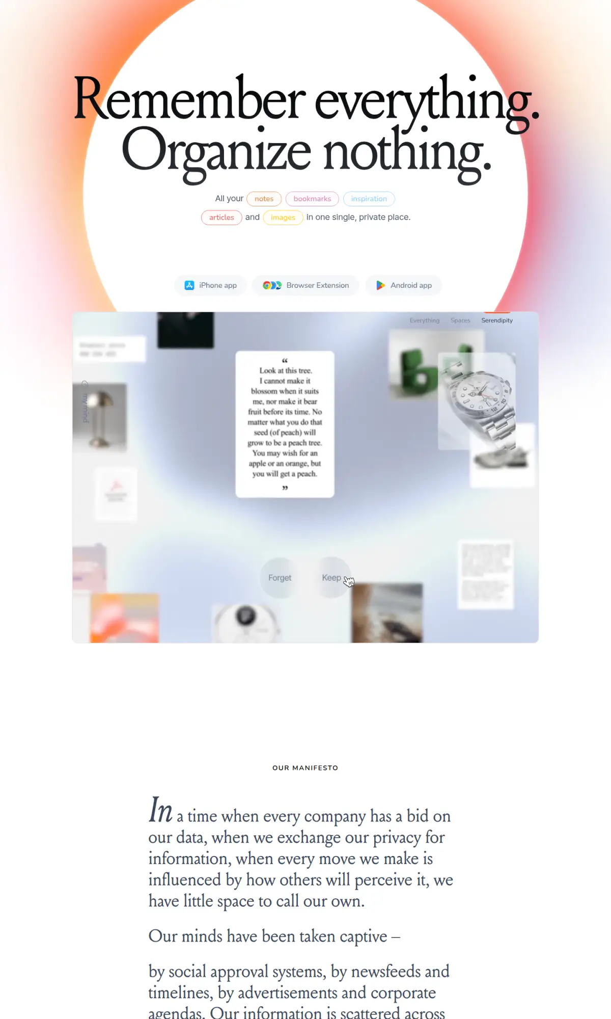 mymind homepage, the page as you scroll