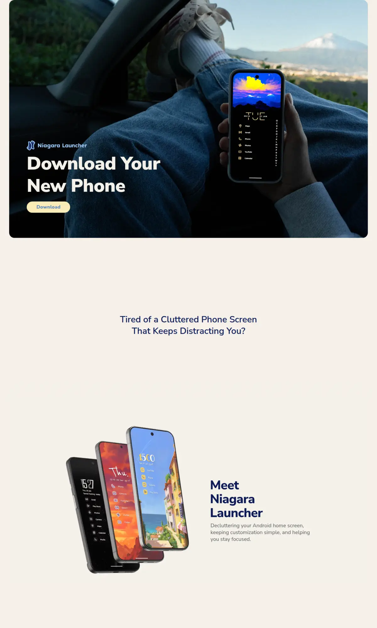 Niagara Launcher app site, the page as you scroll
