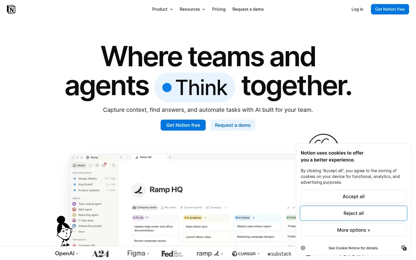 Notion homepage, first screen, design by Notion