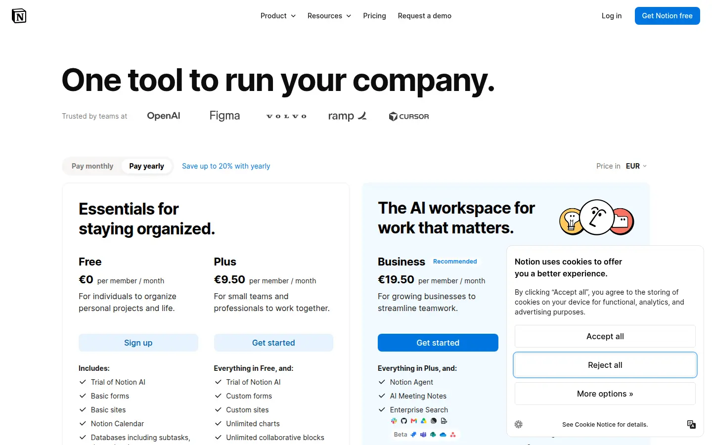 Notion pricing page, first screen, design by Notion