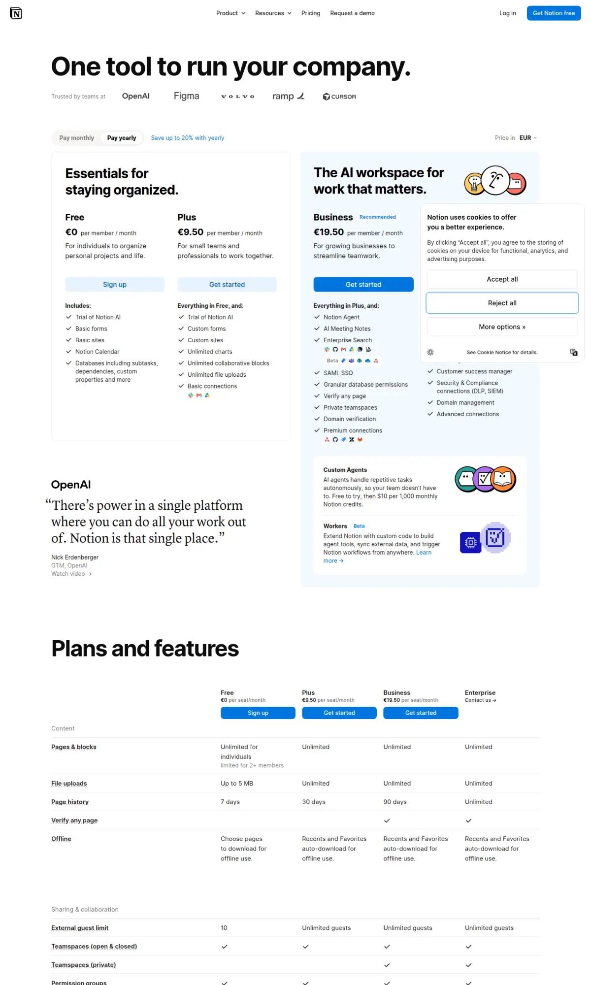 Notion pricing page, the page as you scroll