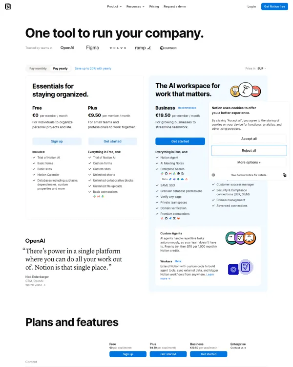 Notion pricing page, design by Notion