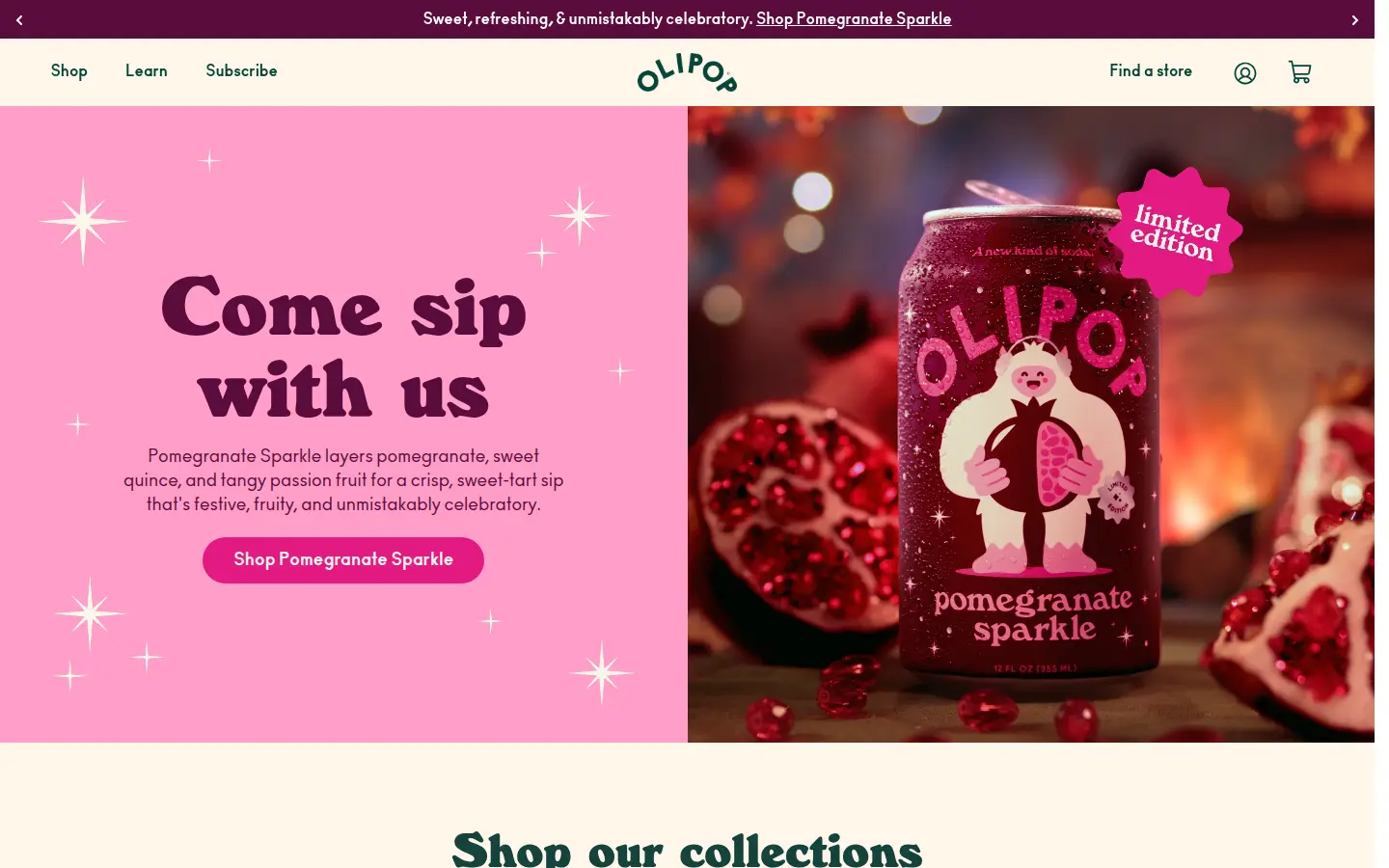 Olipop homepage, first screen, design by Olipop