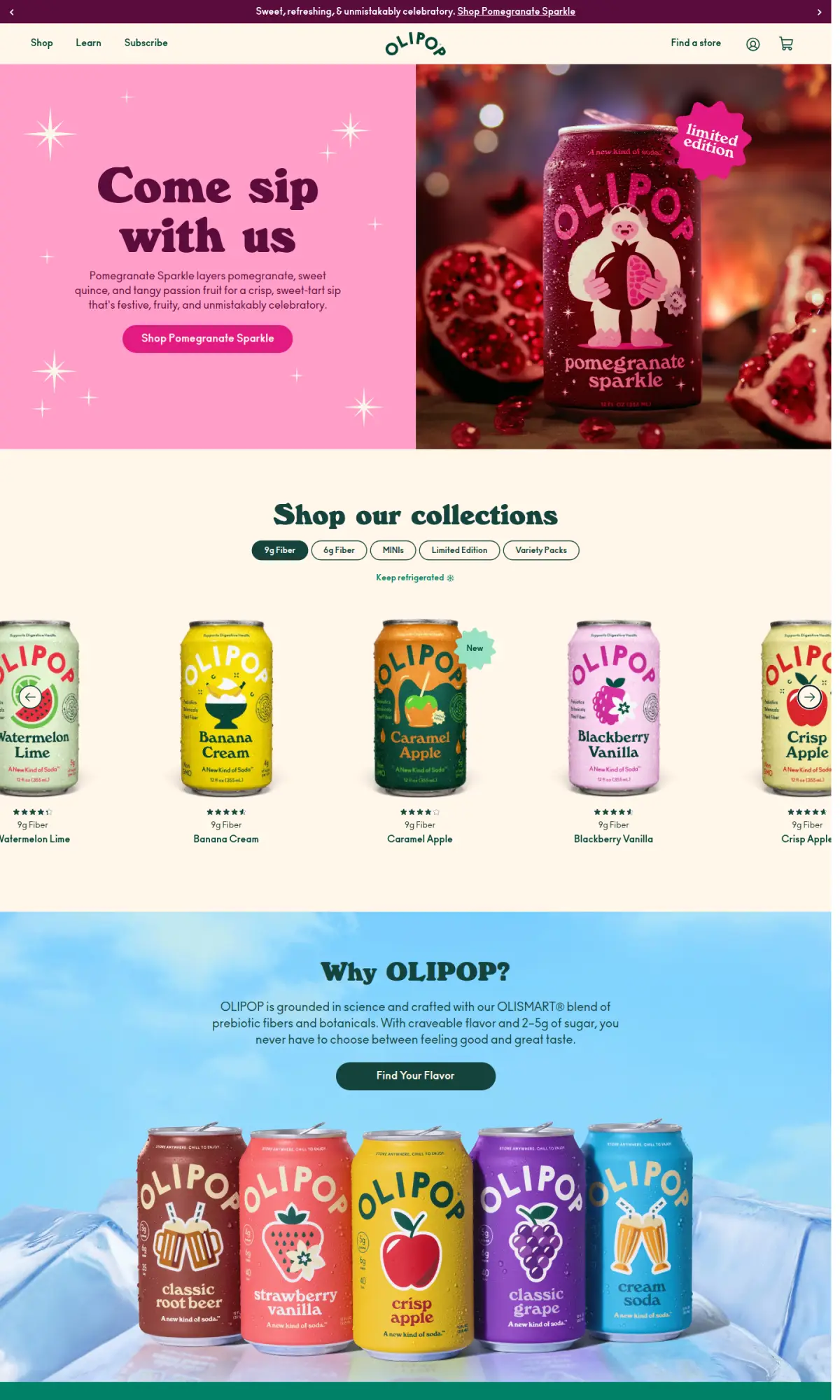 Olipop homepage, the page as you scroll