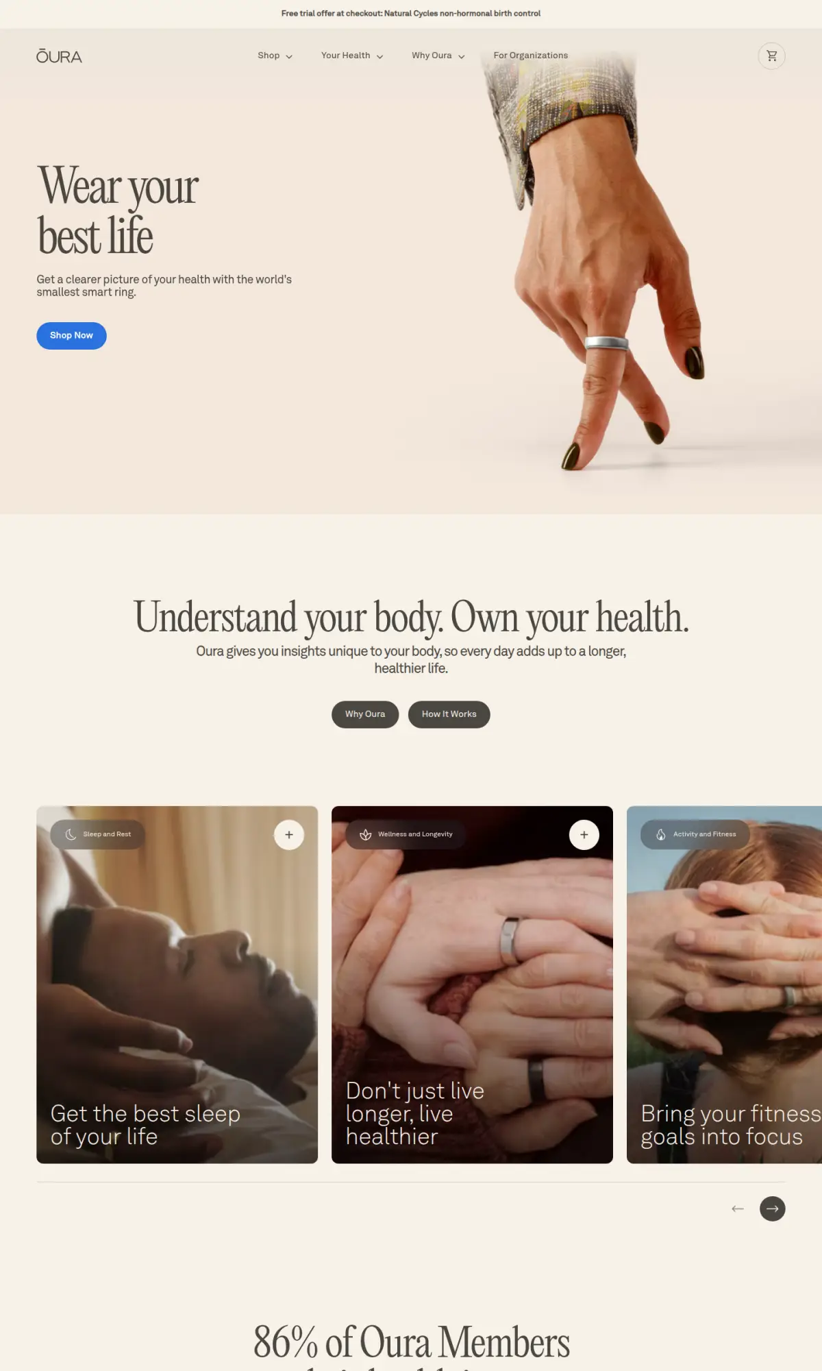 Oura homepage, the page as you scroll