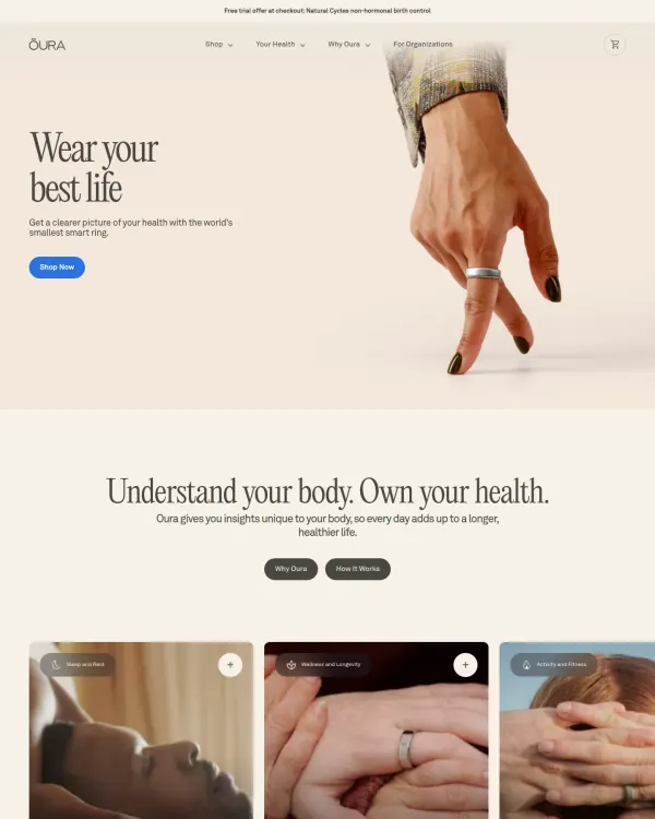 Oura homepage, design by Oura