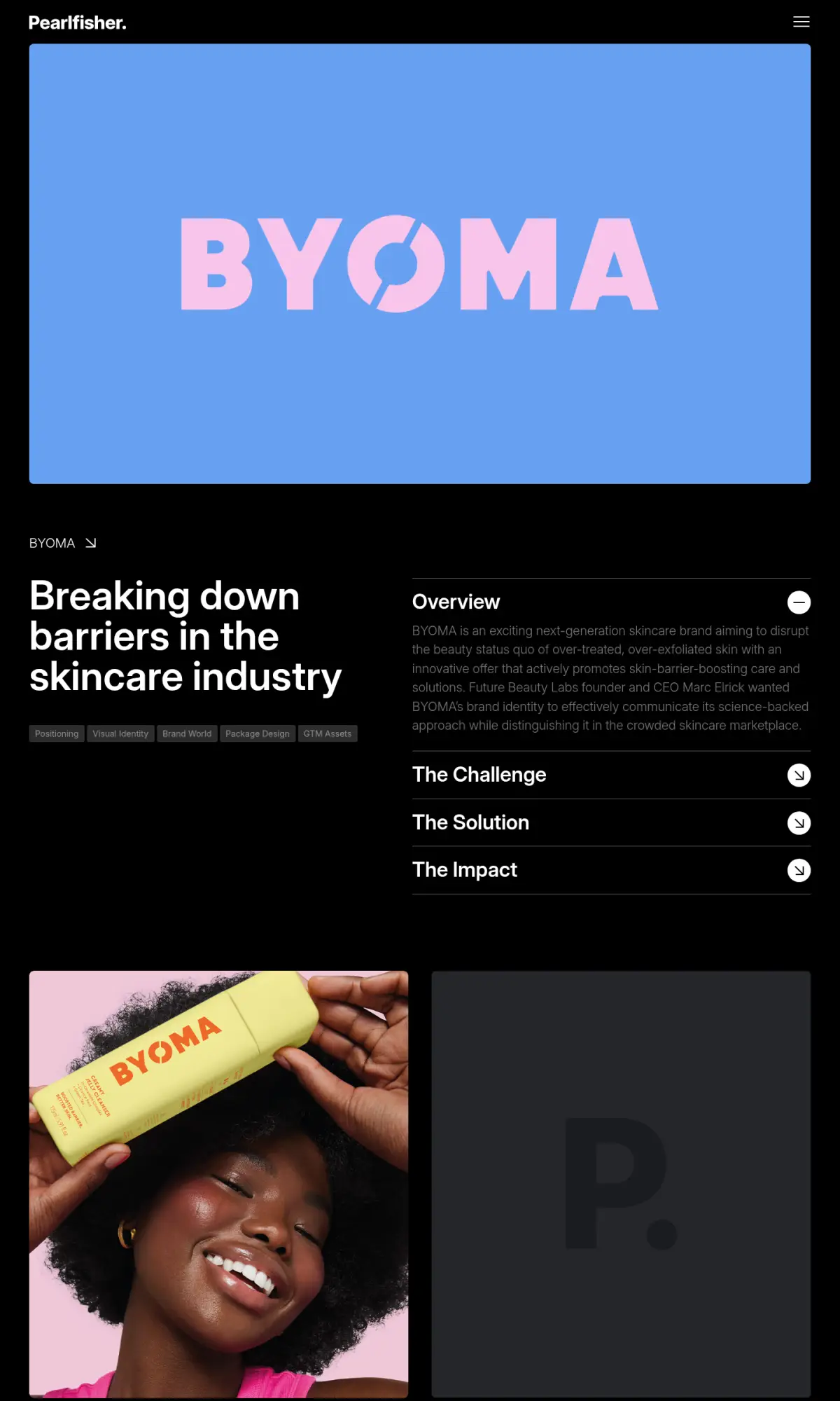 Byoma skincare packaging by Pearlfisher, the page as you scroll