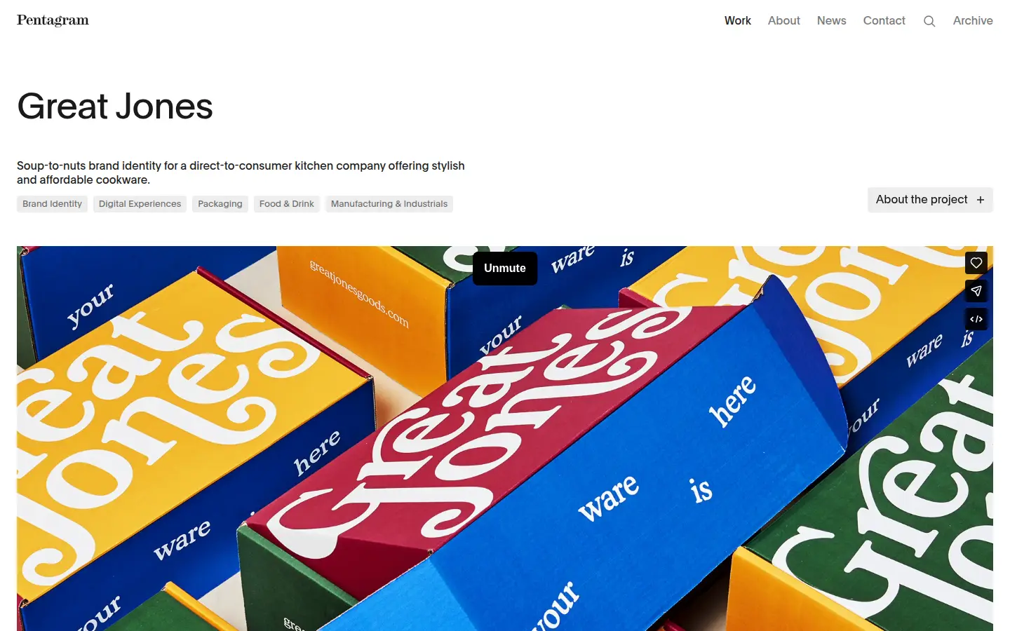 Great Jones cookware packaging by Pentagram, first screen, design by Pentagram