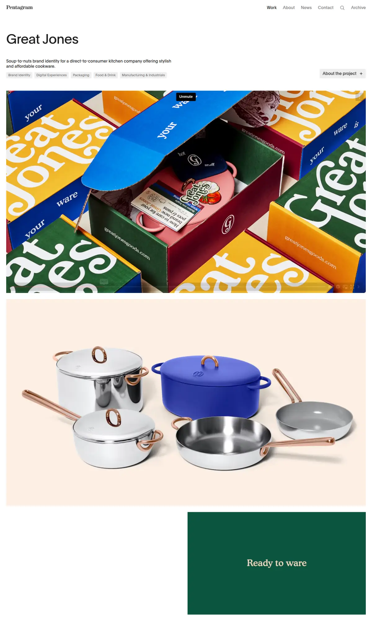 Great Jones cookware packaging by Pentagram, the page as you scroll