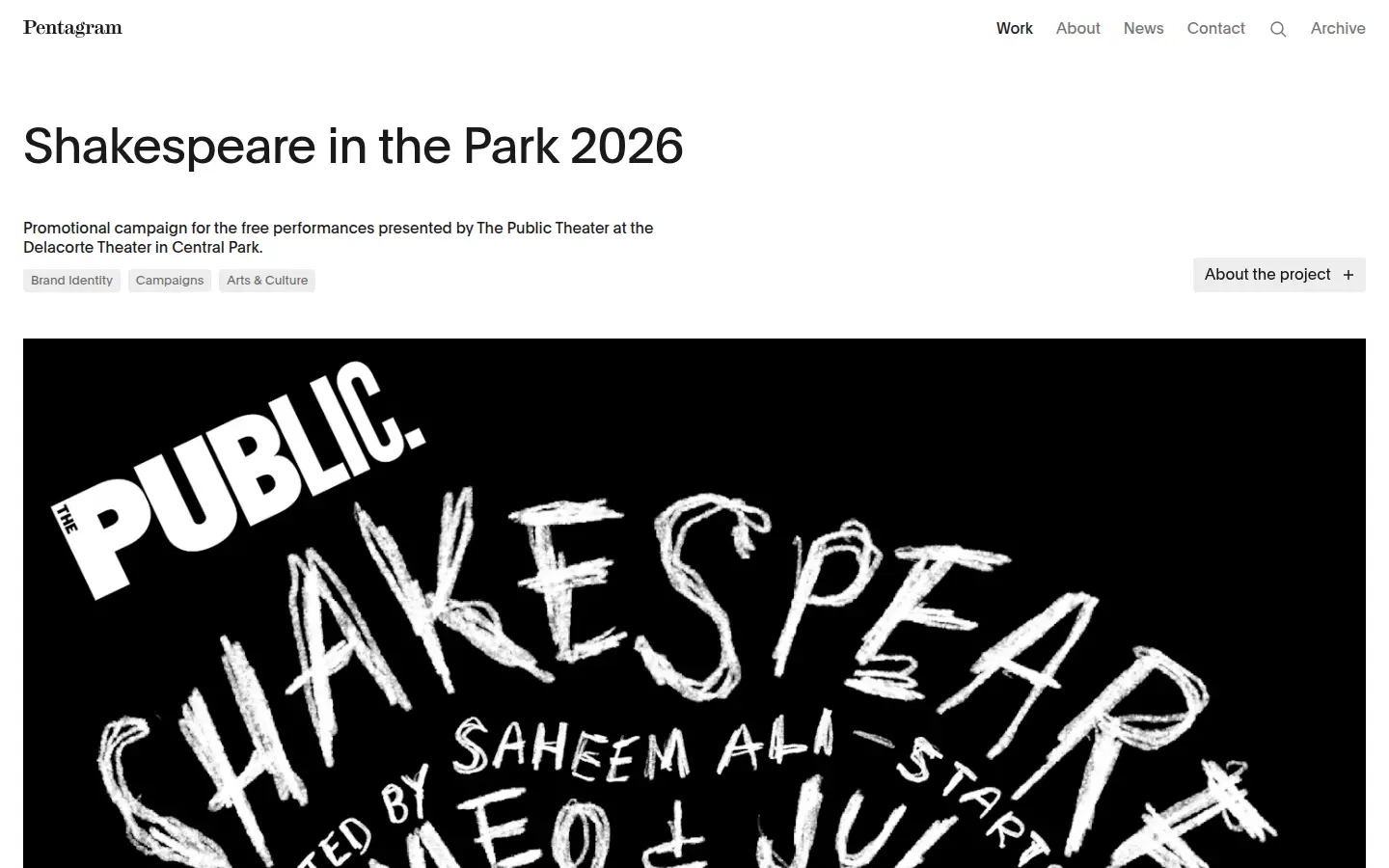 Shakespeare in the Park 2026 campaign by Pentagram, first screen, design by Pentagram