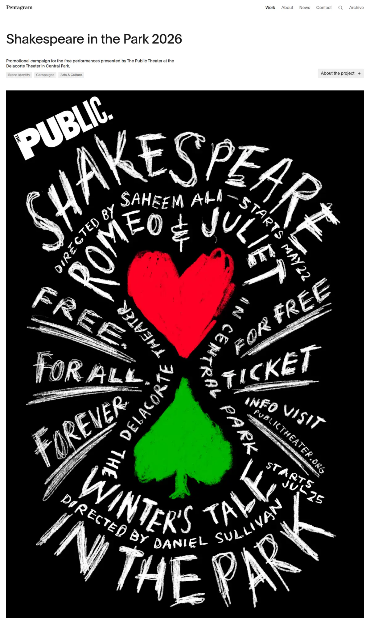 Shakespeare in the Park 2026 campaign by Pentagram, the page as you scroll
