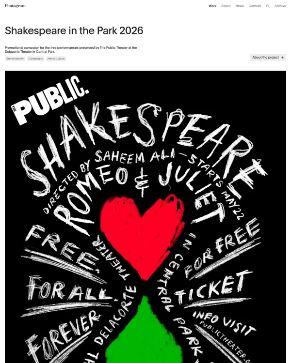 Shakespeare in the Park 2026 campaign by Pentagram, design by Pentagram