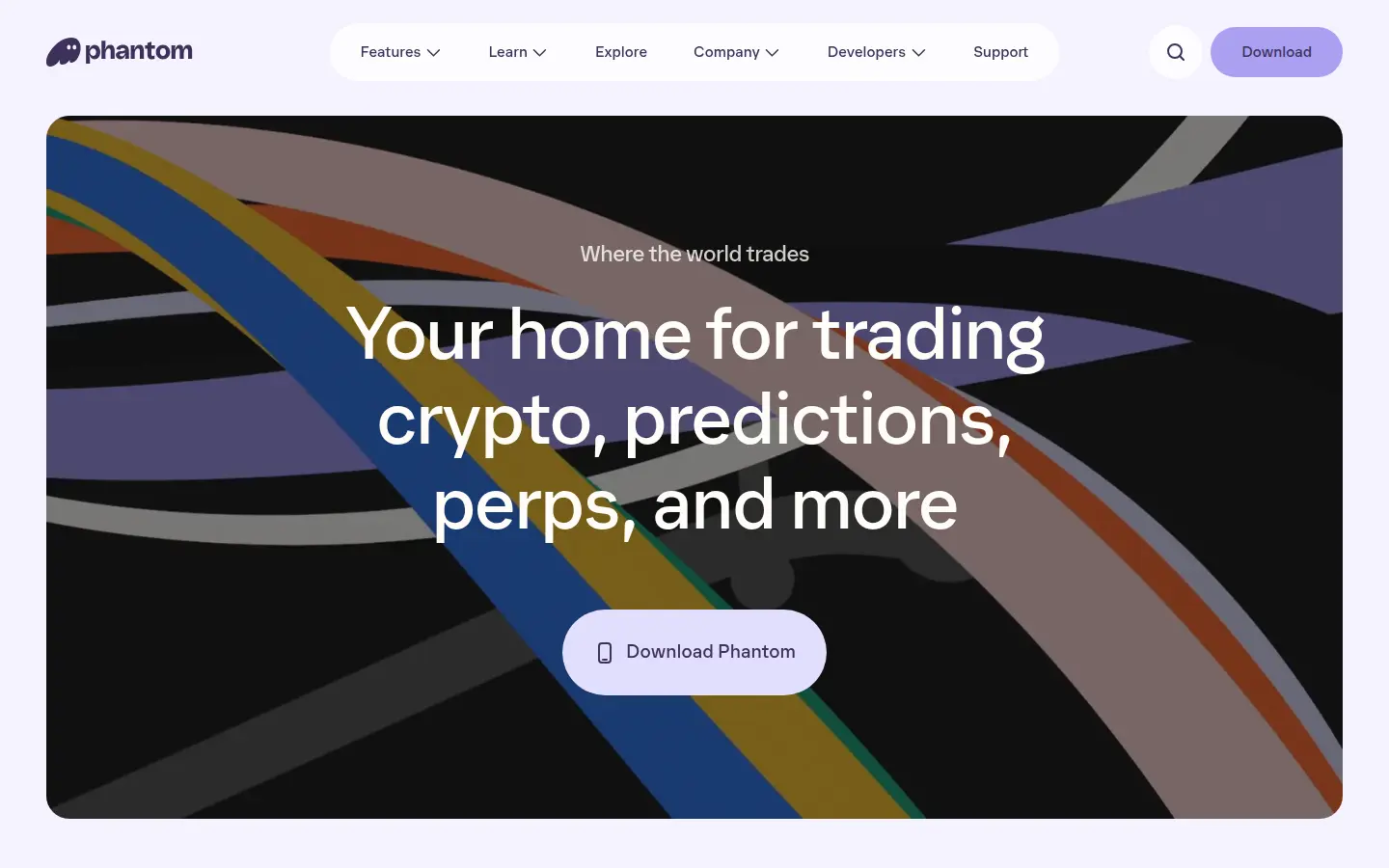Phantom wallet homepage, first screen, design by Phantom