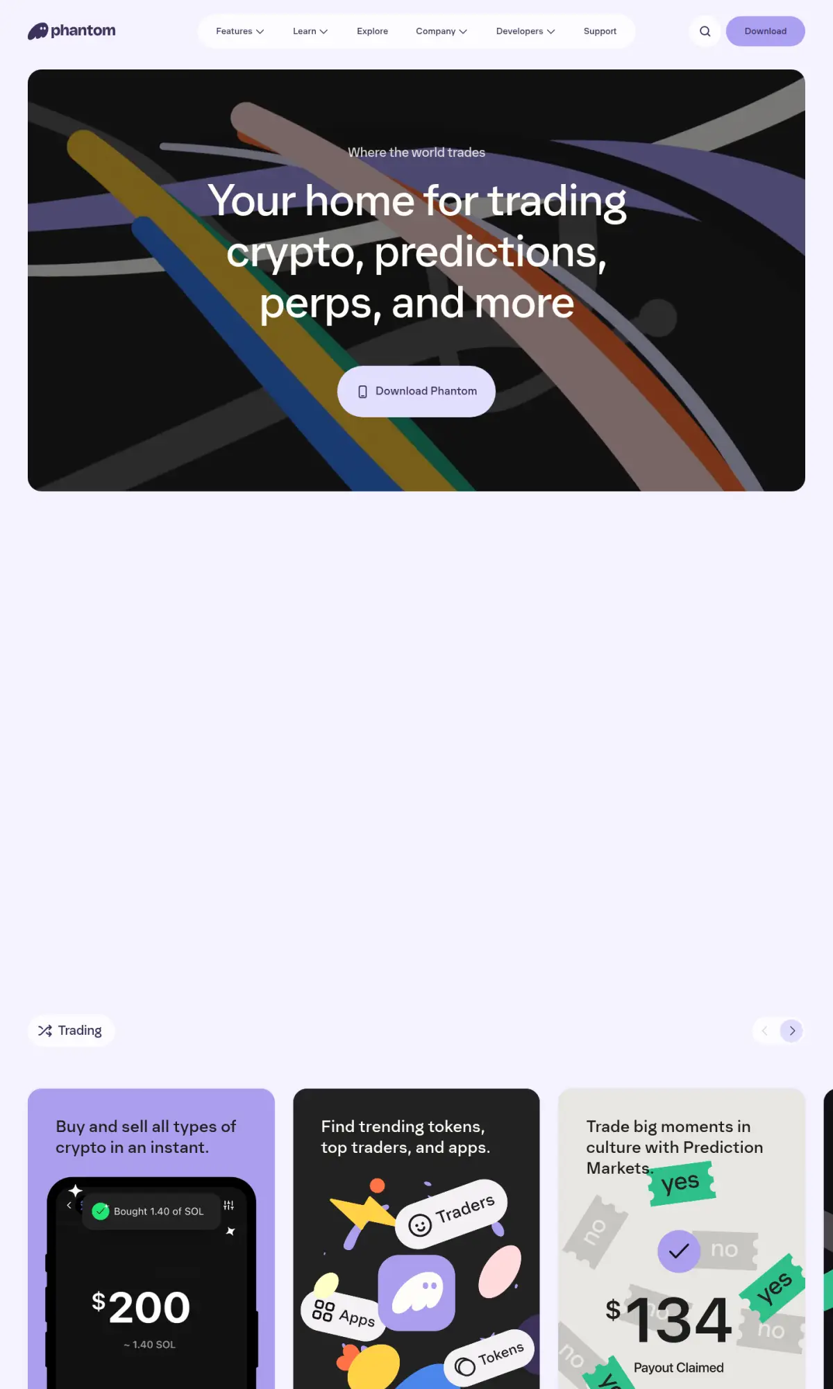 Phantom wallet homepage, the page as you scroll