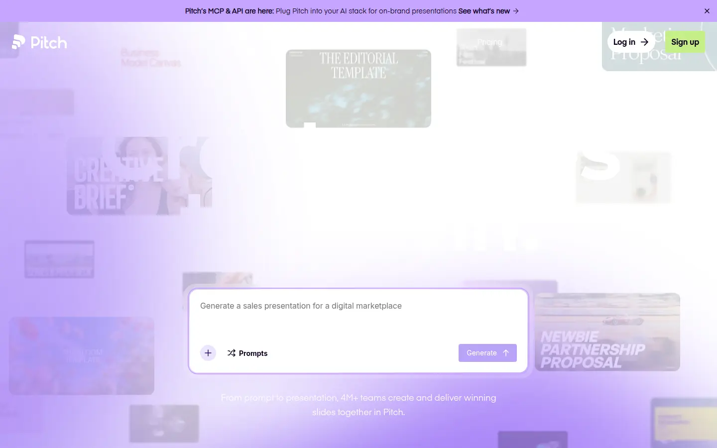 Pitch homepage, first screen, design by Pitch