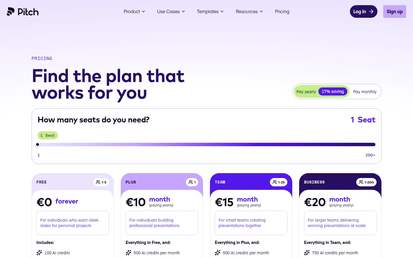 Pitch pricing page, first screen, design by Pitch