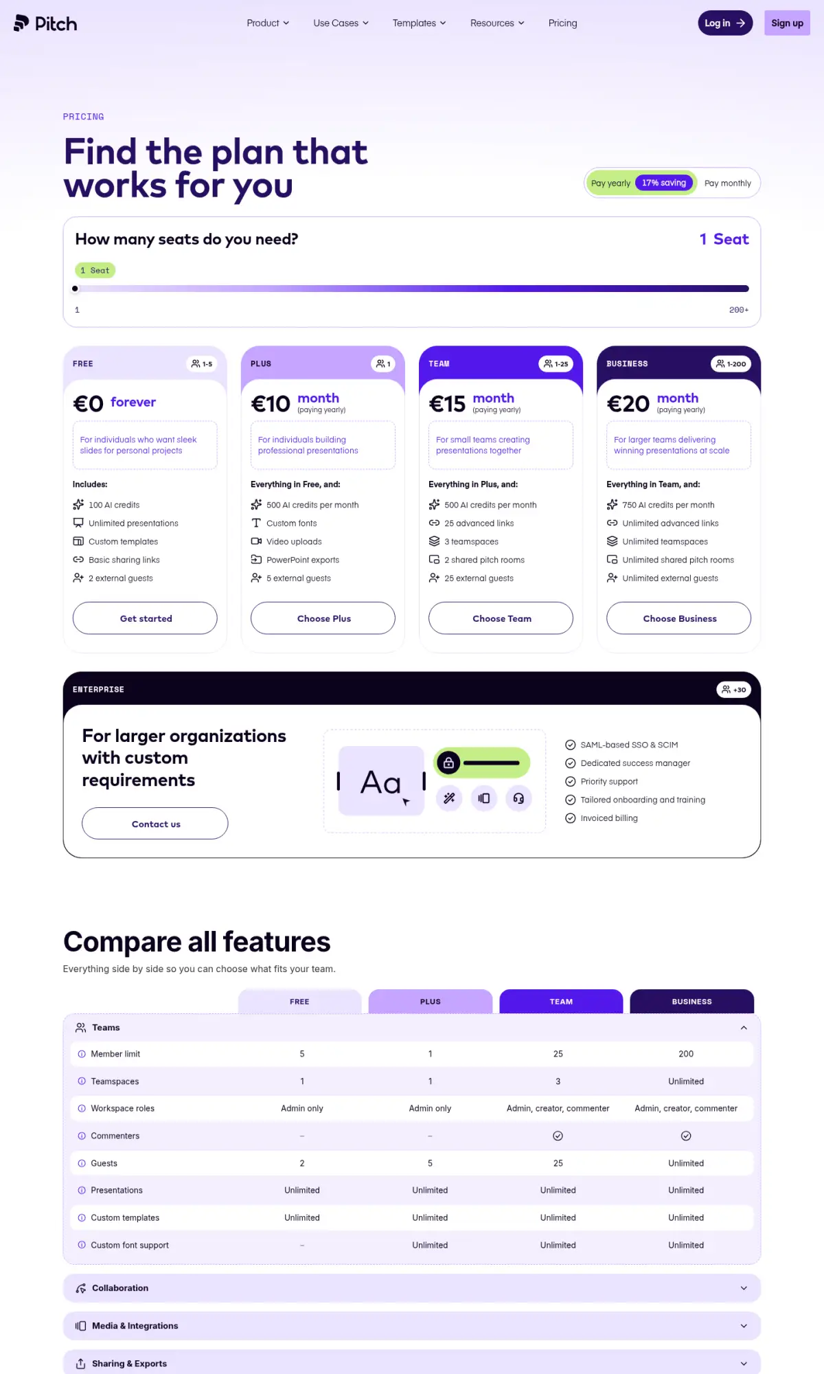 Pitch pricing page, the page as you scroll
