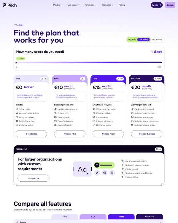 Pitch pricing page, design by Pitch