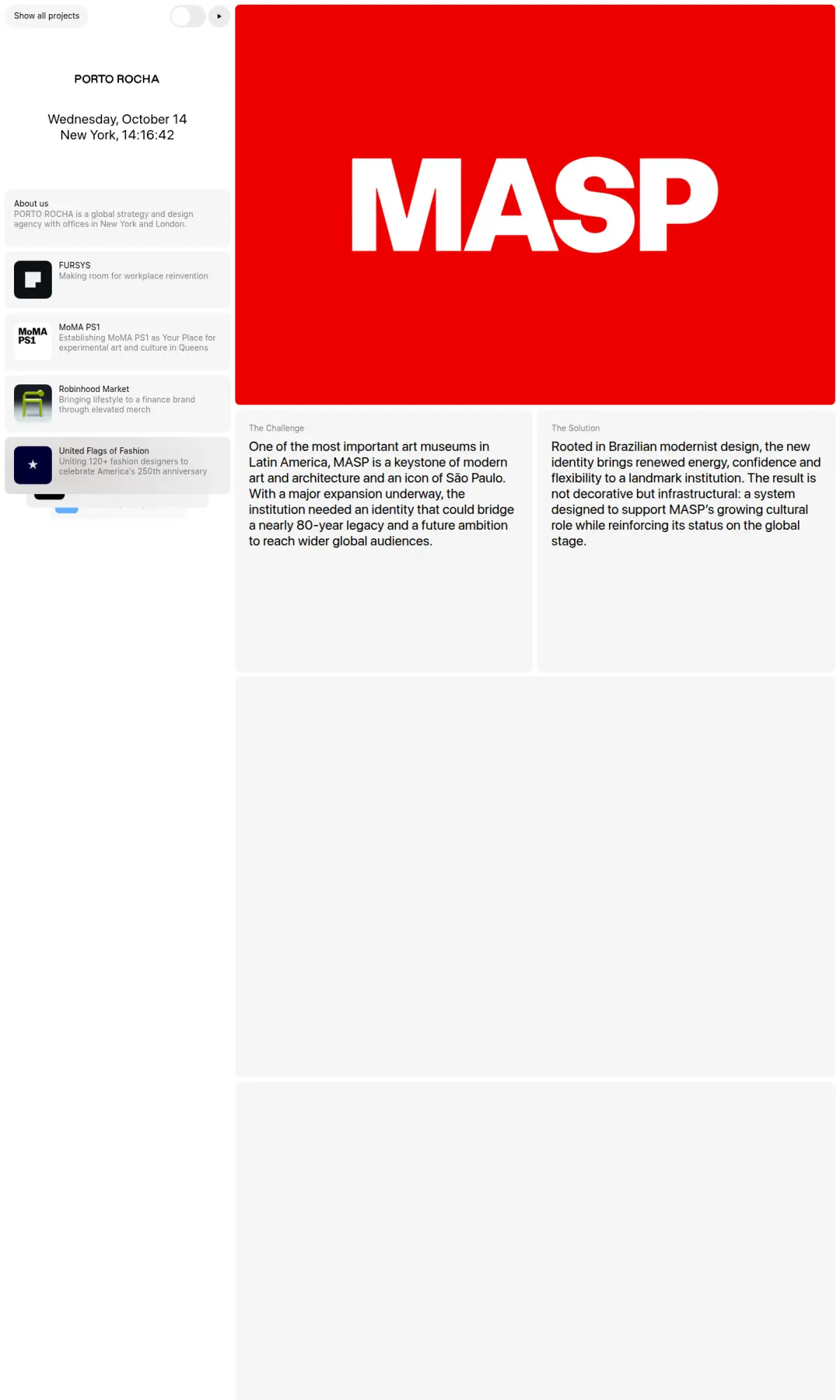 MASP identity by Porto Rocha, the page as you scroll