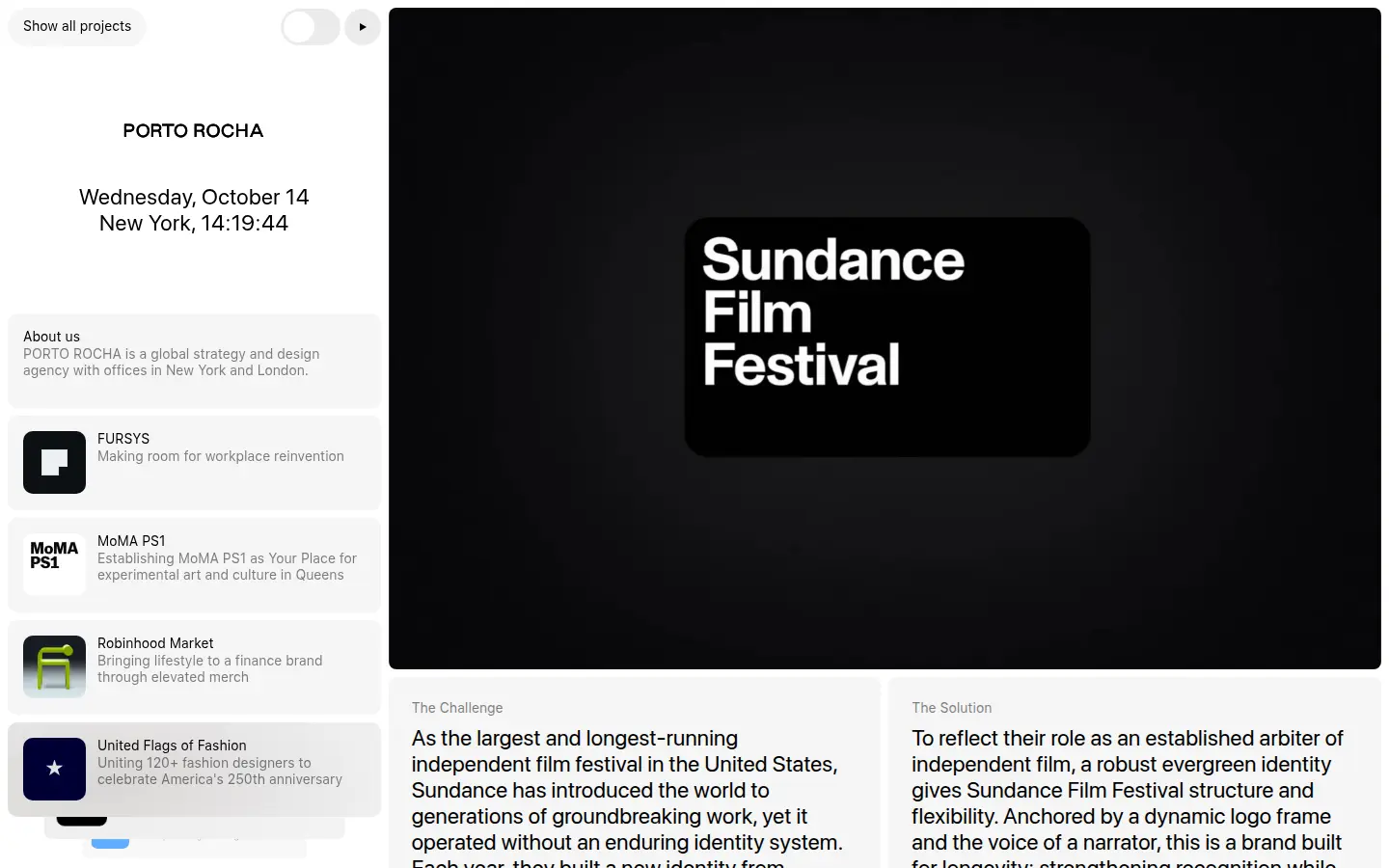 Sundance by Porto Rocha, first screen, design by Porto Rocha