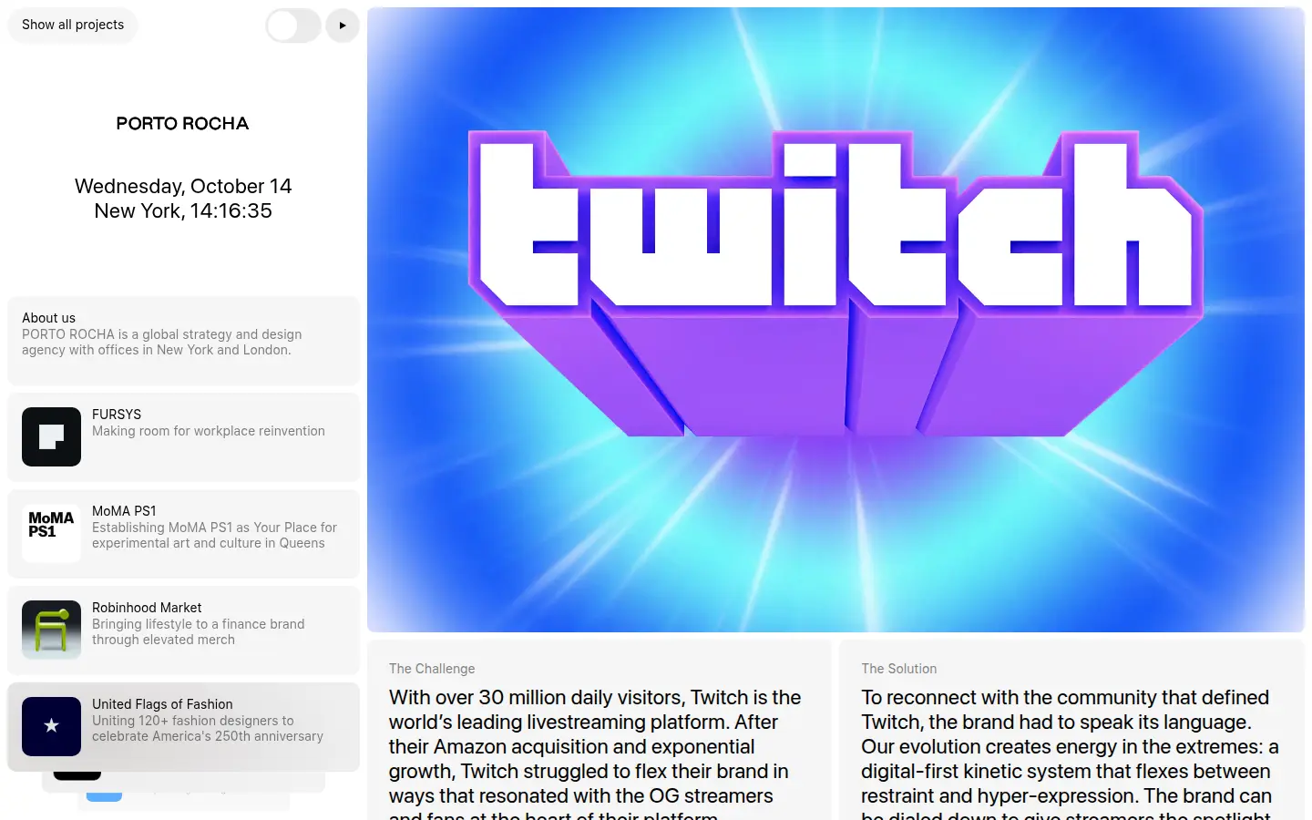 Twitch identity by Porto Rocha, first screen, design by Porto Rocha