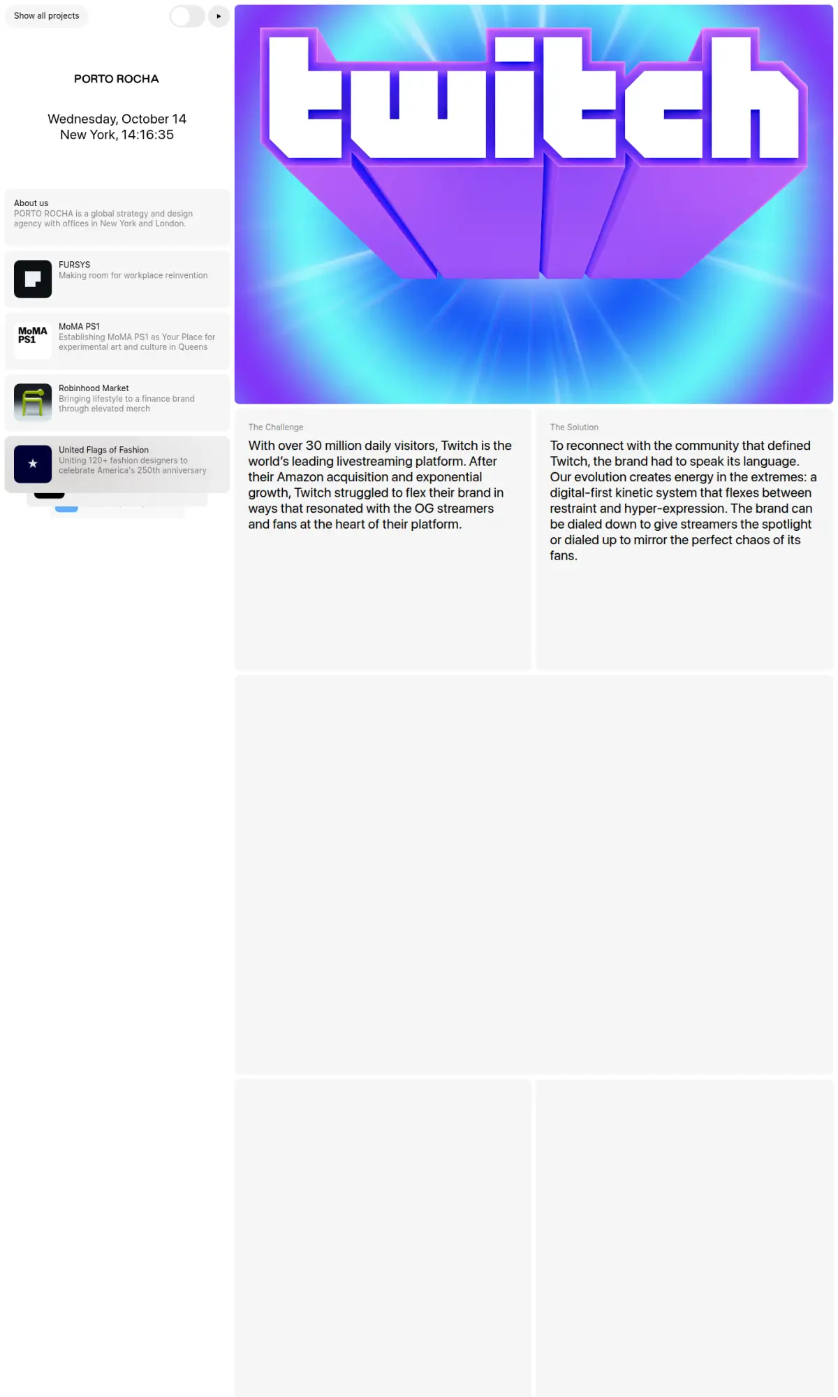 Twitch identity by Porto Rocha, the page as you scroll