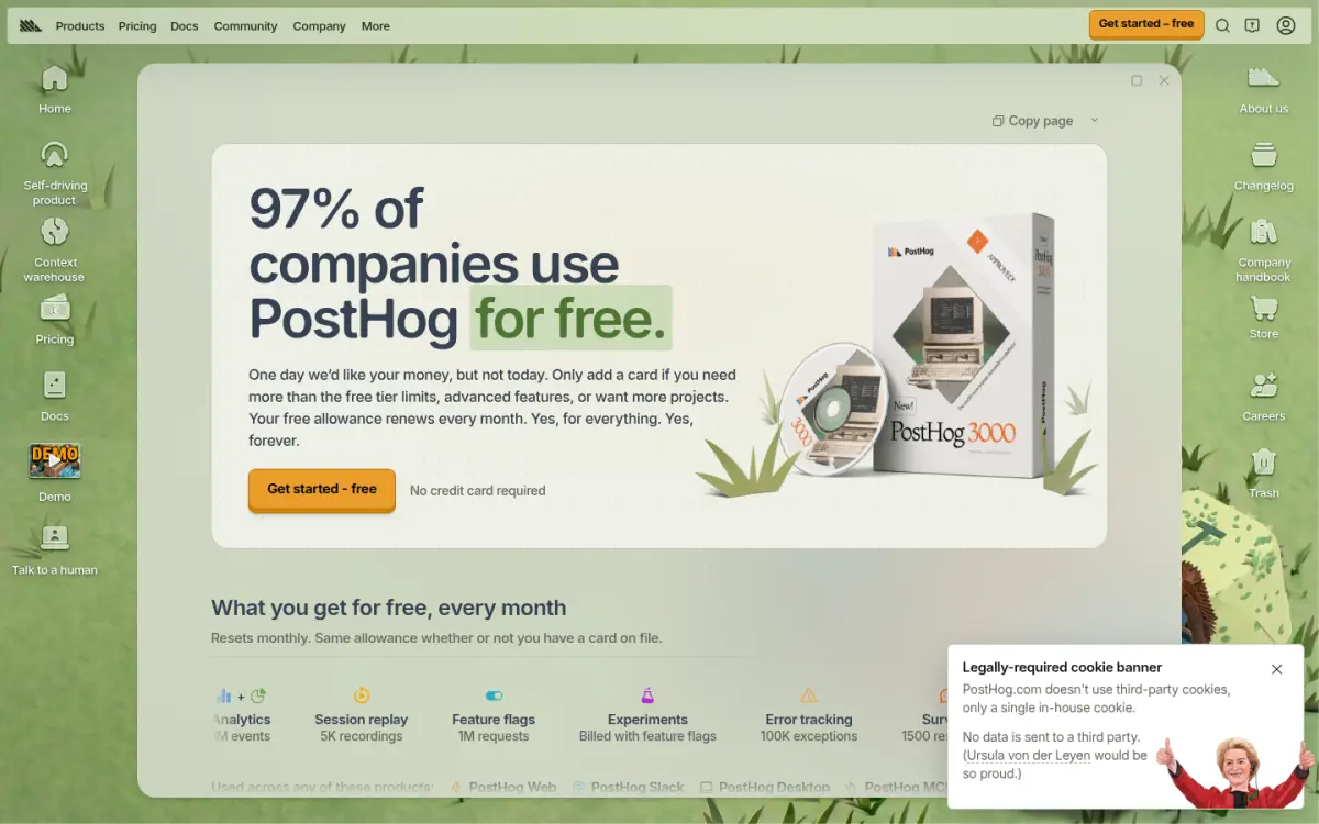 PostHog pricing page, the page as you scroll