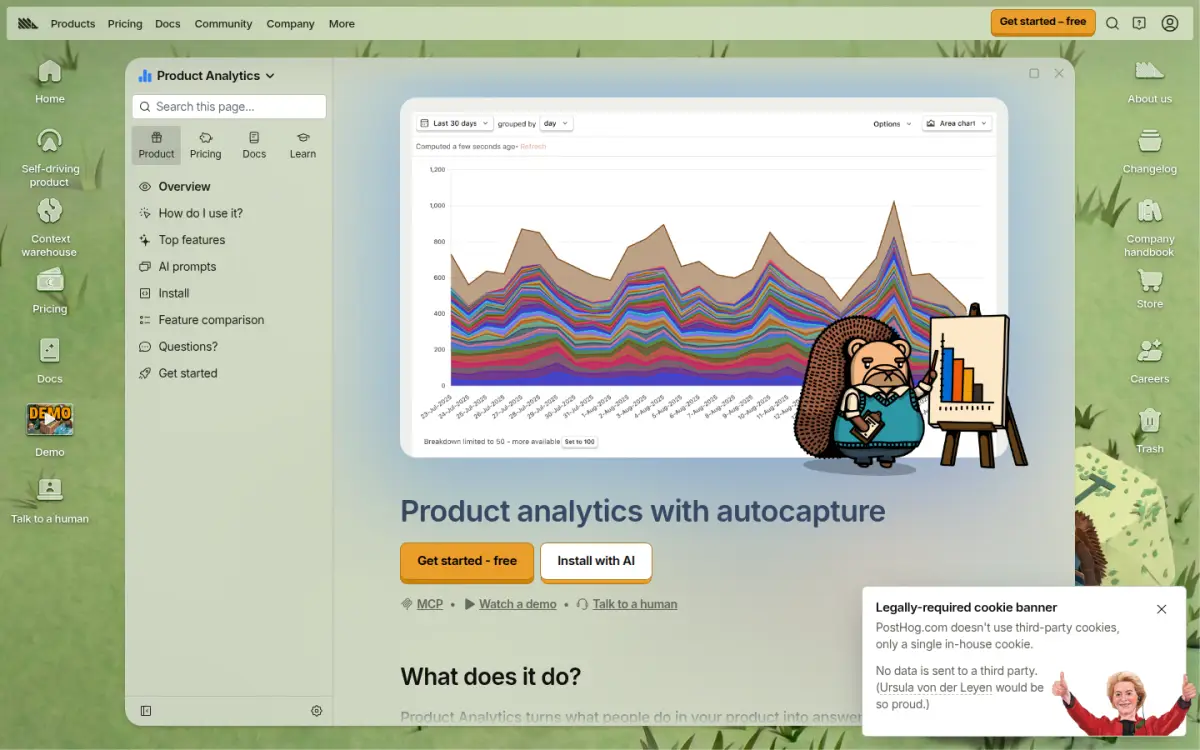 PostHog Product Analytics page, the page as you scroll