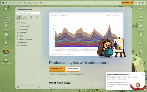 PostHog Product Analytics page, design by PostHog