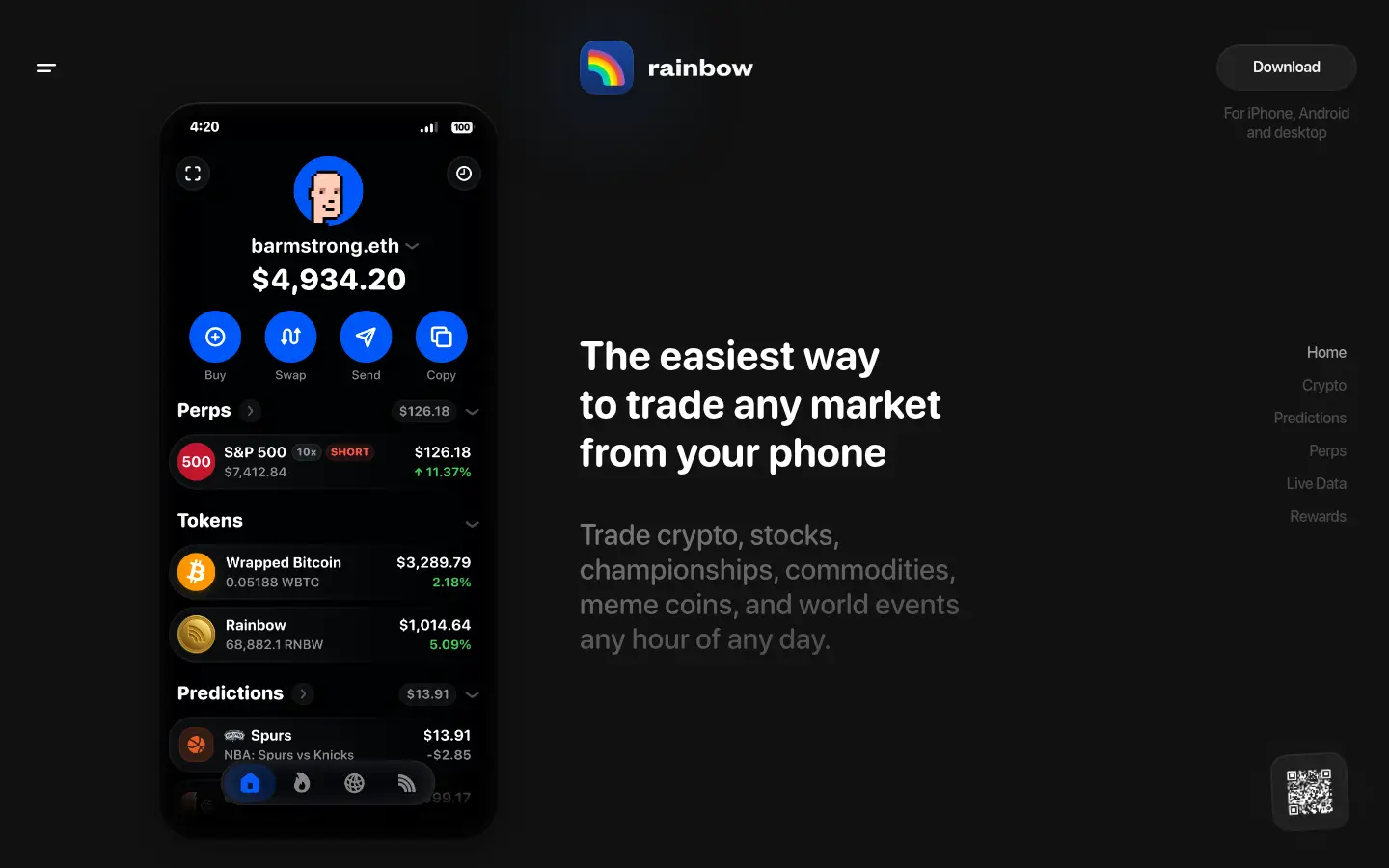 Rainbow wallet app site, first screen, design by Rainbow
