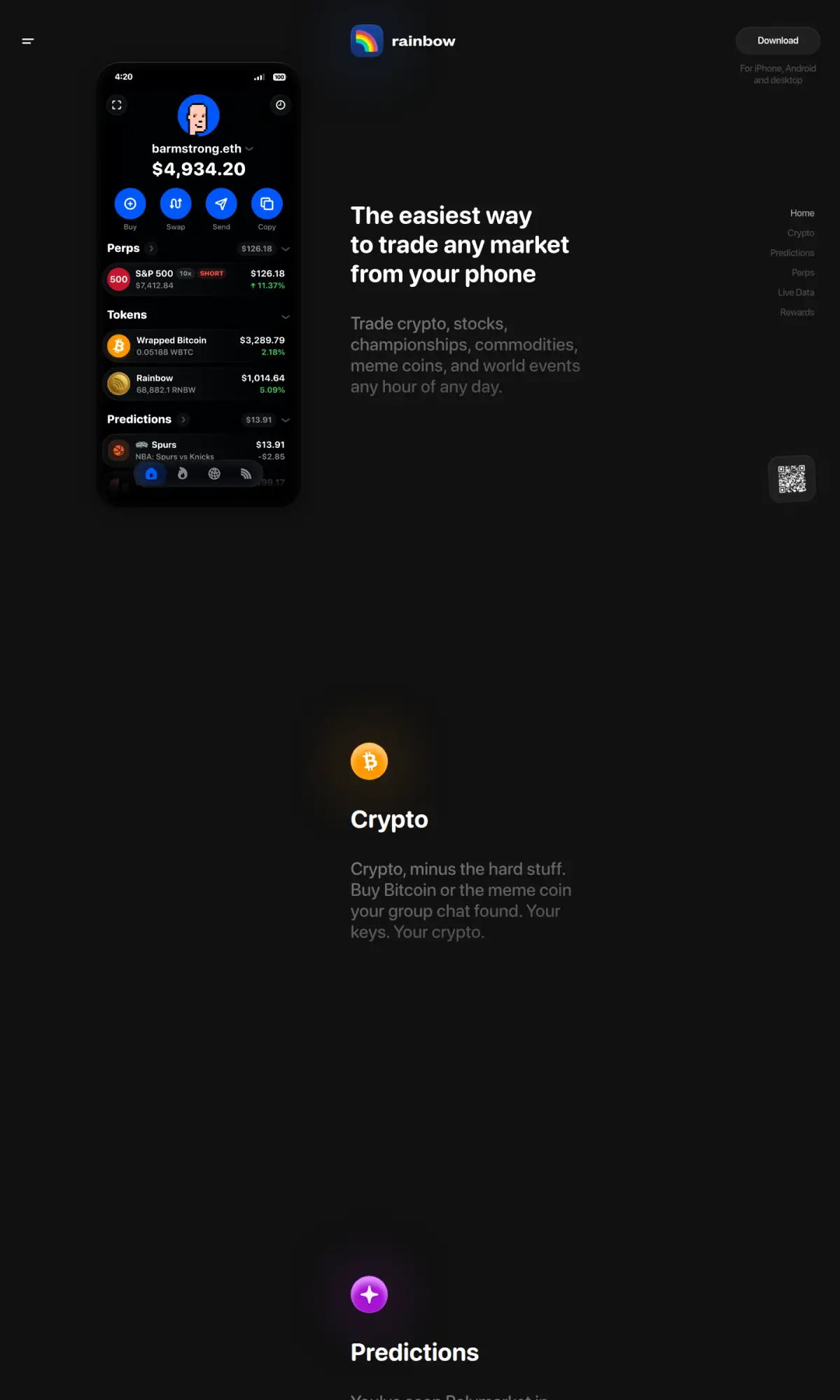 Rainbow wallet app site, the page as you scroll