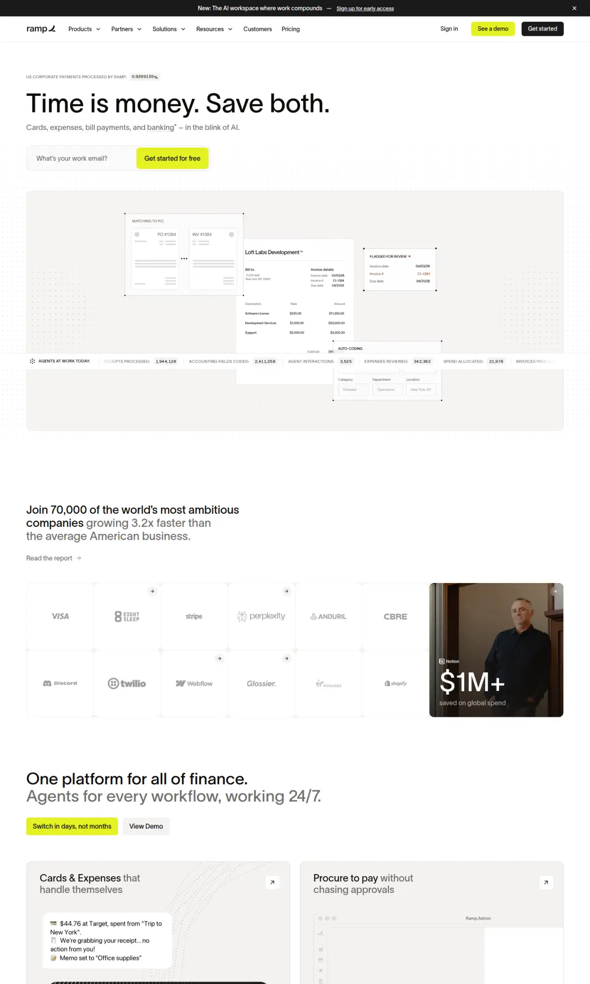 Ramp homepage, the page as you scroll