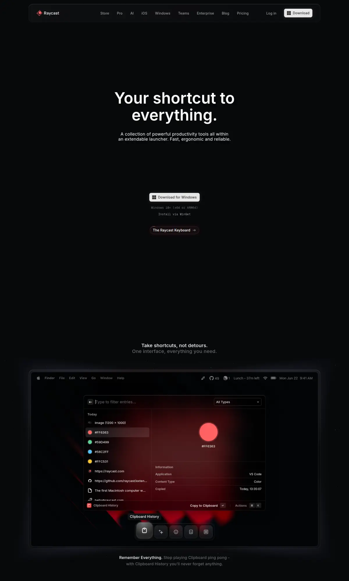 Raycast homepage, the page as you scroll