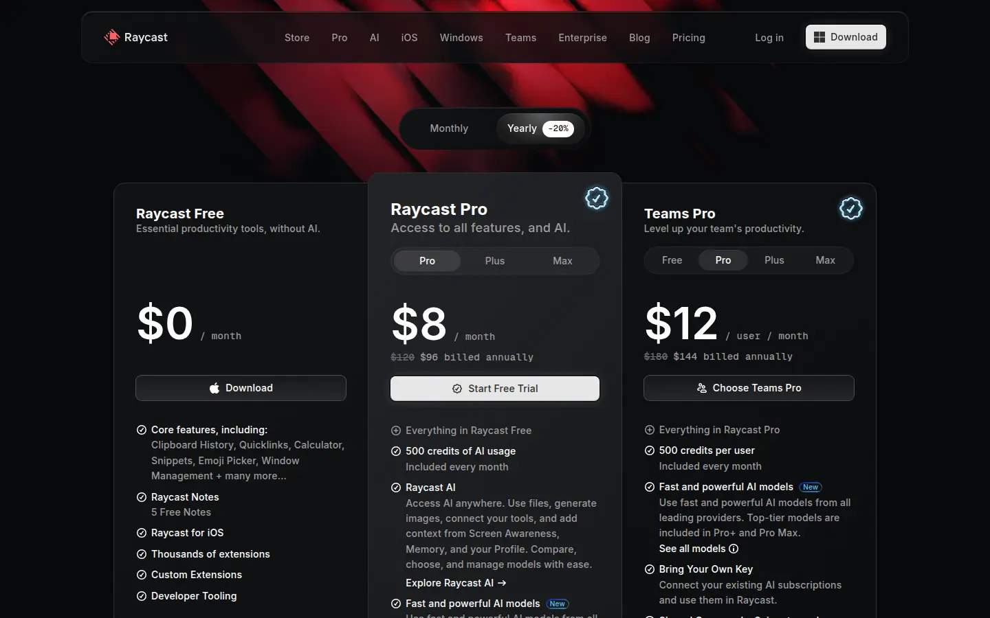 Raycast pricing page, first screen, design by Raycast