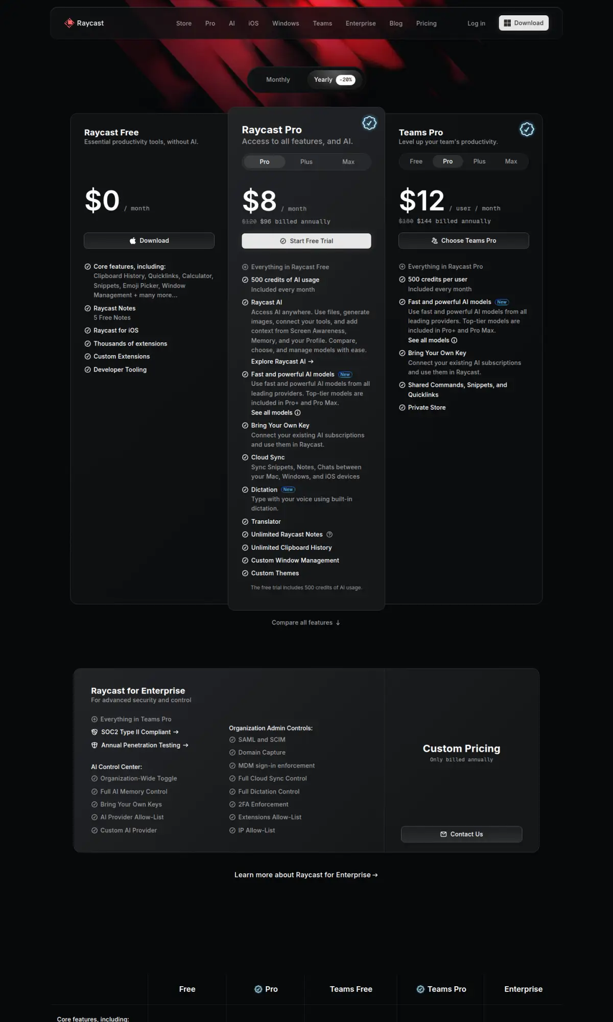 Raycast pricing page, the page as you scroll