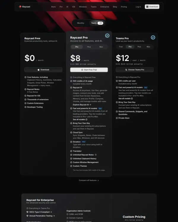 Raycast pricing page, design by Raycast