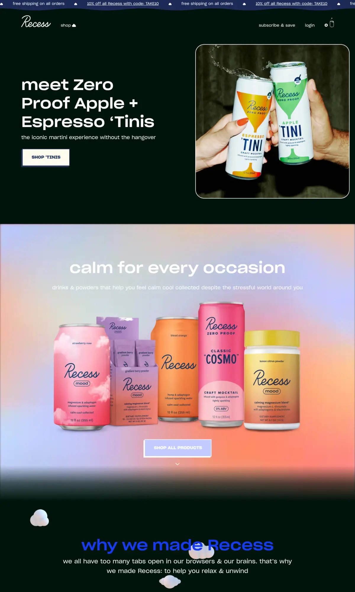 Recess homepage, the page as you scroll