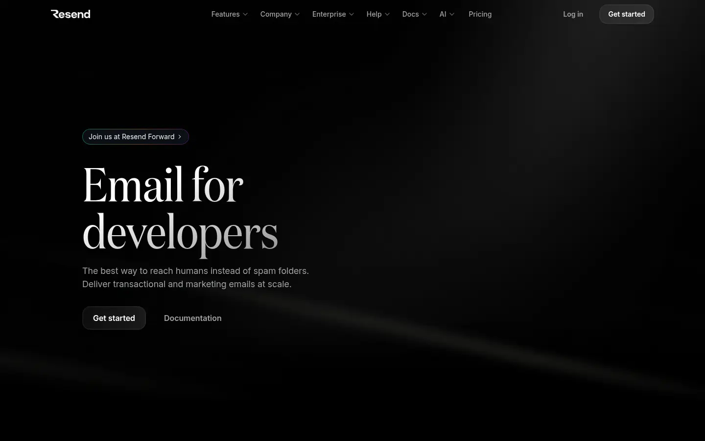 Resend homepage, landing page design by Resend