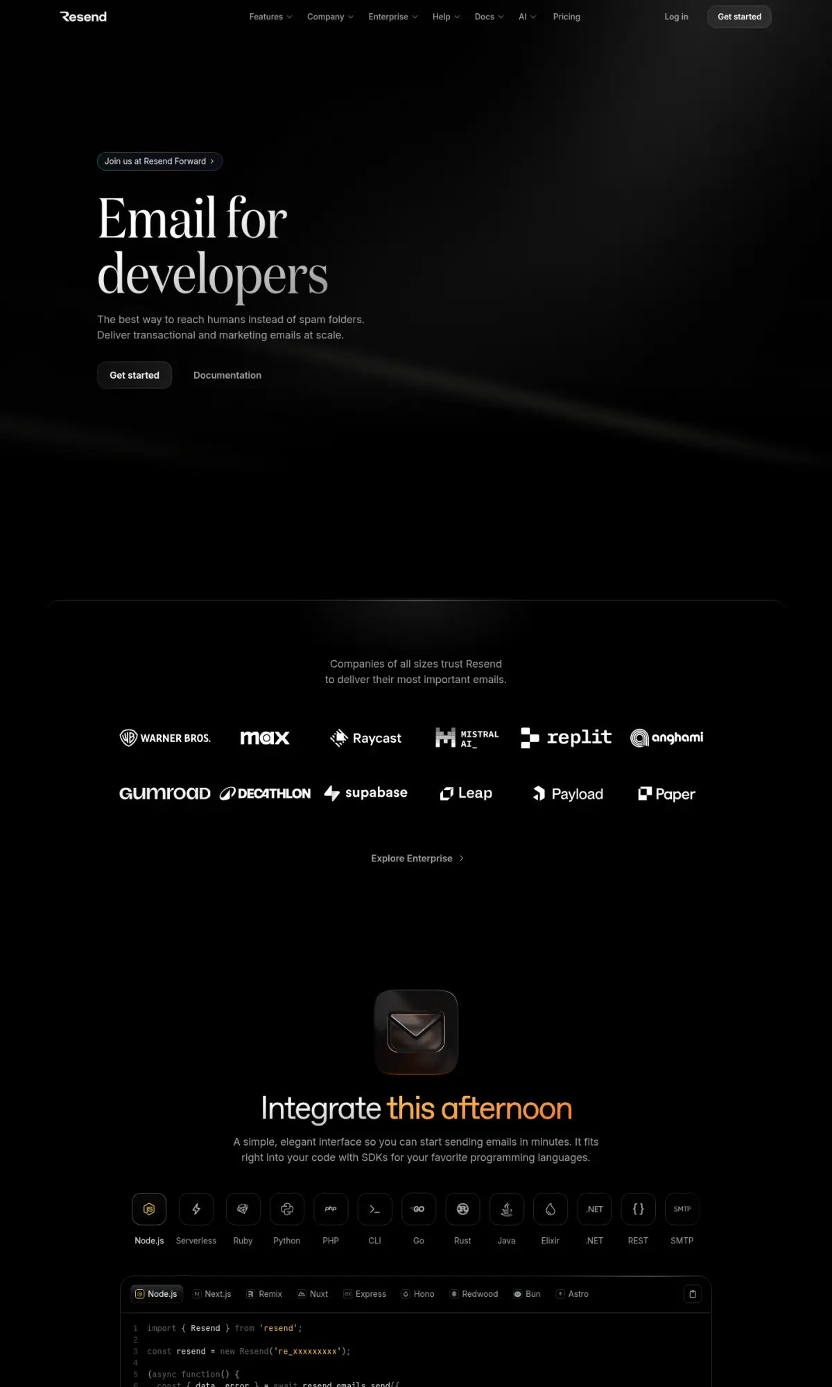 Resend homepage, the page as you scroll