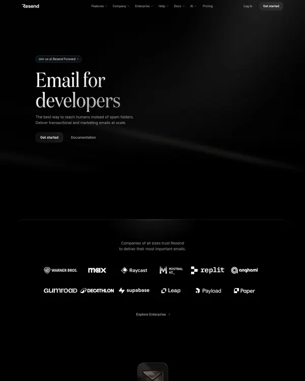 Resend homepage, design by Resend