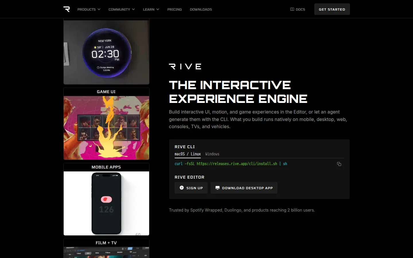 Rive homepage, first screen, design by Rive