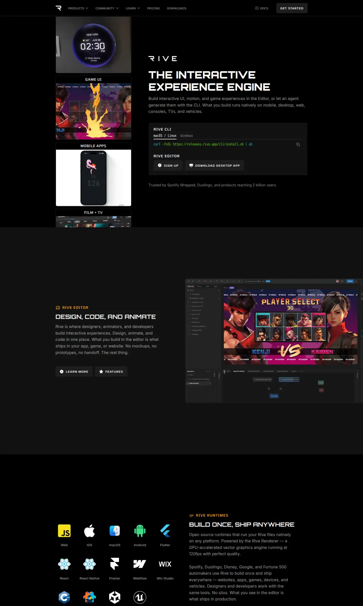 Rive homepage, the page as you scroll