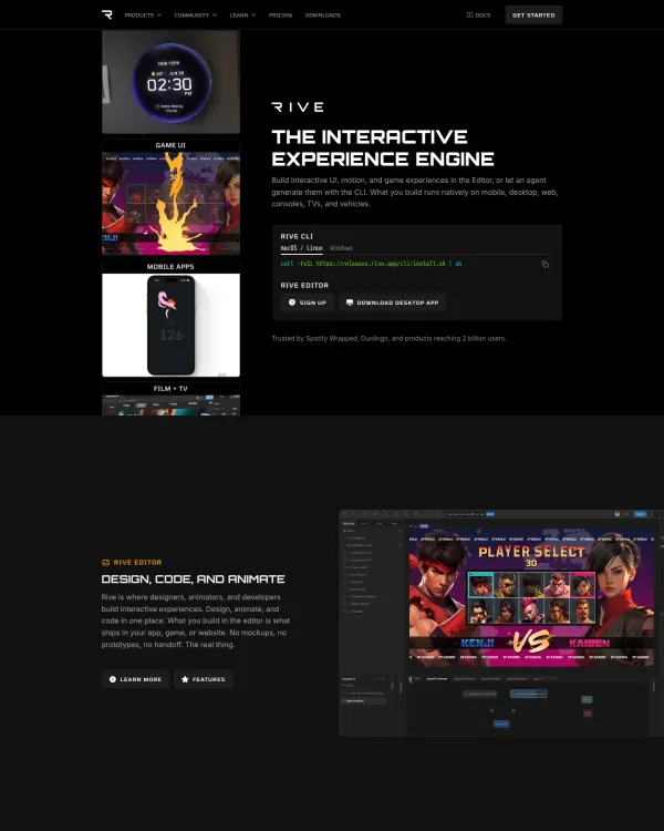 Rive homepage, design by Rive